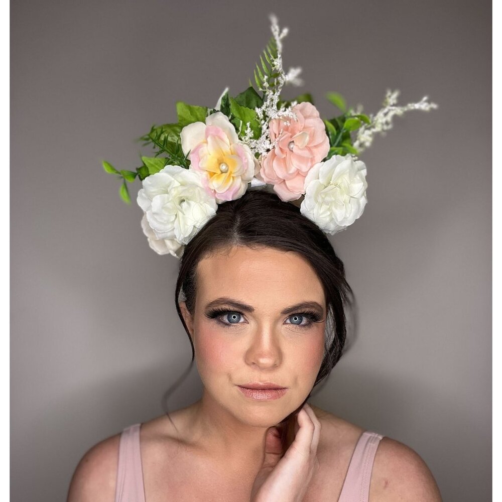 Floral Headpiece in Pink, White, Green Costume Headwear Hat Headband Performance